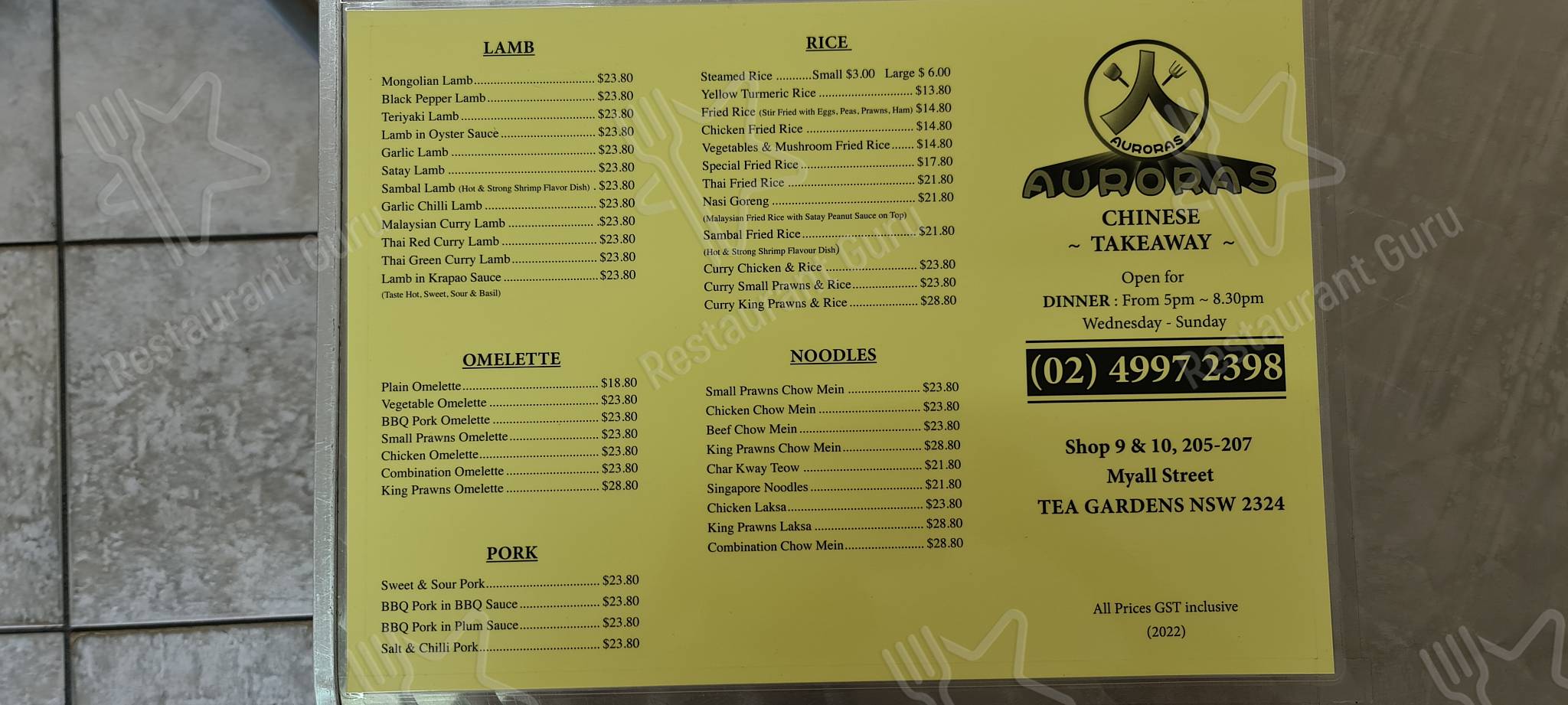 Menu at Auroras Chinese Takeaway fast food, Tea Gardens