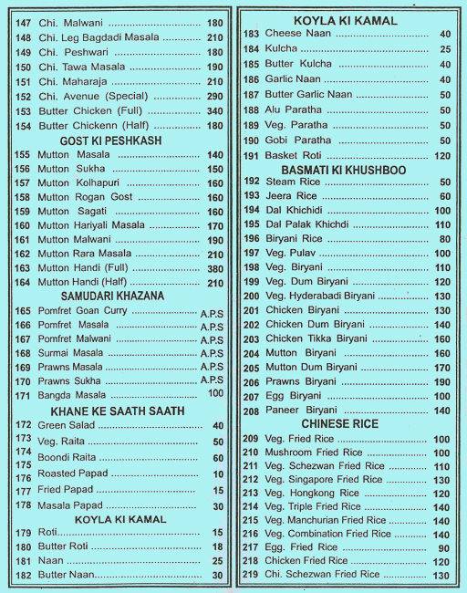 Avenue Family Restaurant And Bar menu