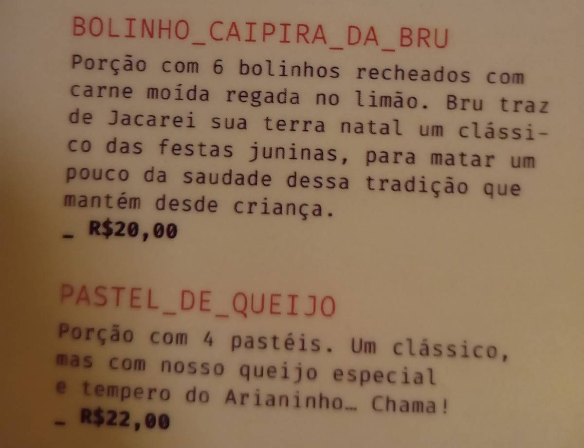 BLOCO cardápio