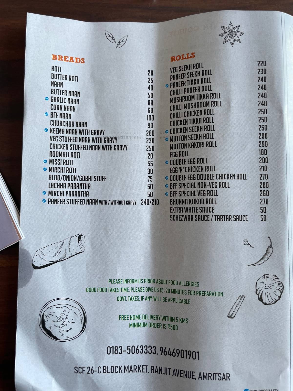 BON'S FOOD FACTORY menu