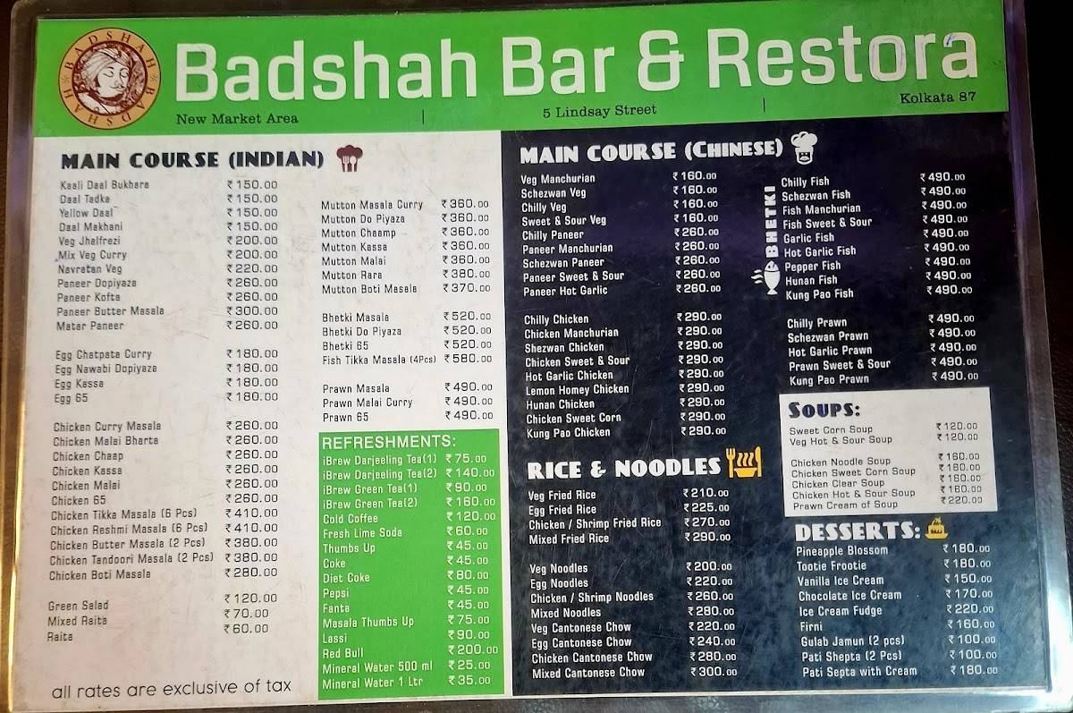 Badshah bar & Restaurant menu