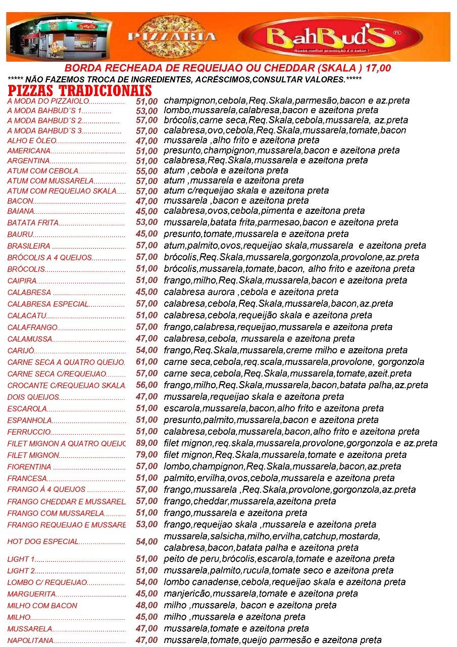 Pizzaria BahBud's cardápio