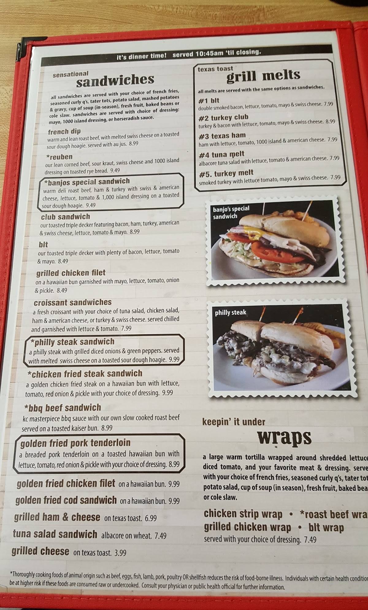 Menu at Banjo's Cafe, Topeka, SW Topeka Blvd