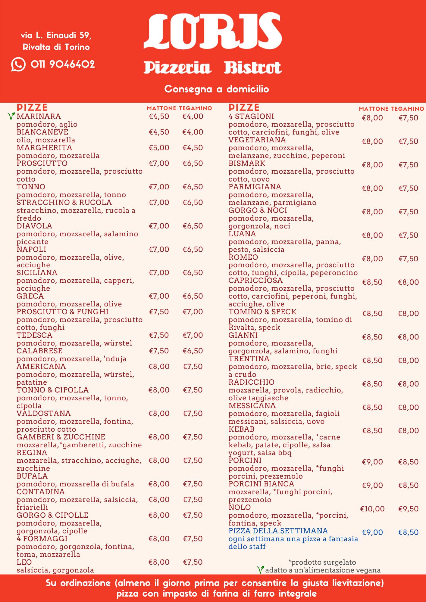 Menu di Bar Pizzeria Loris 