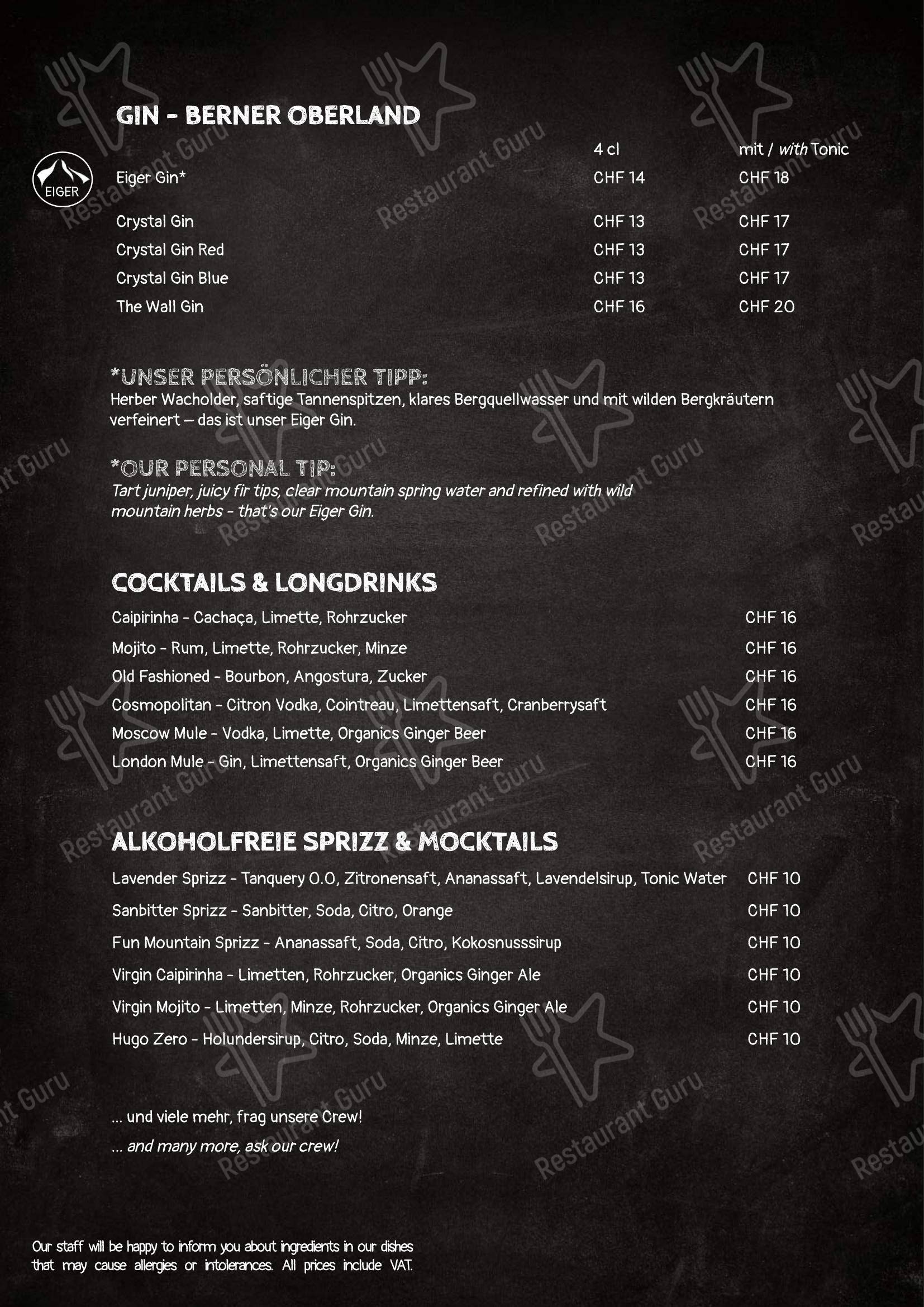 菜单 per Barrys Restaurant, Bar & Lounge in Grindelwald