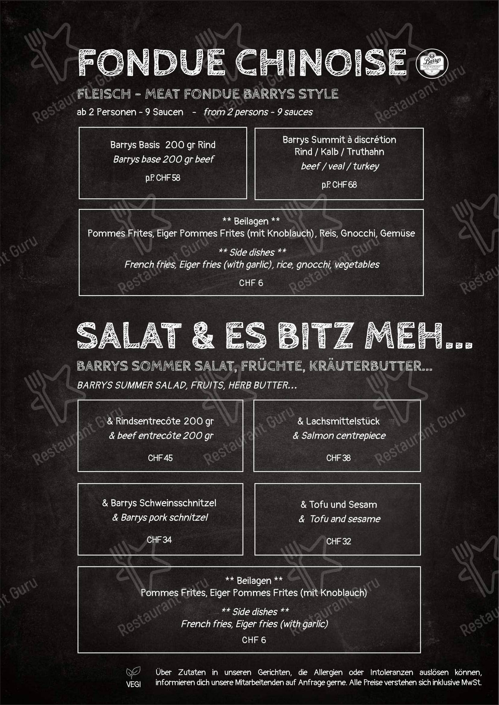 Menu di Barrys Restaurant, Bar & Lounge - 菜单