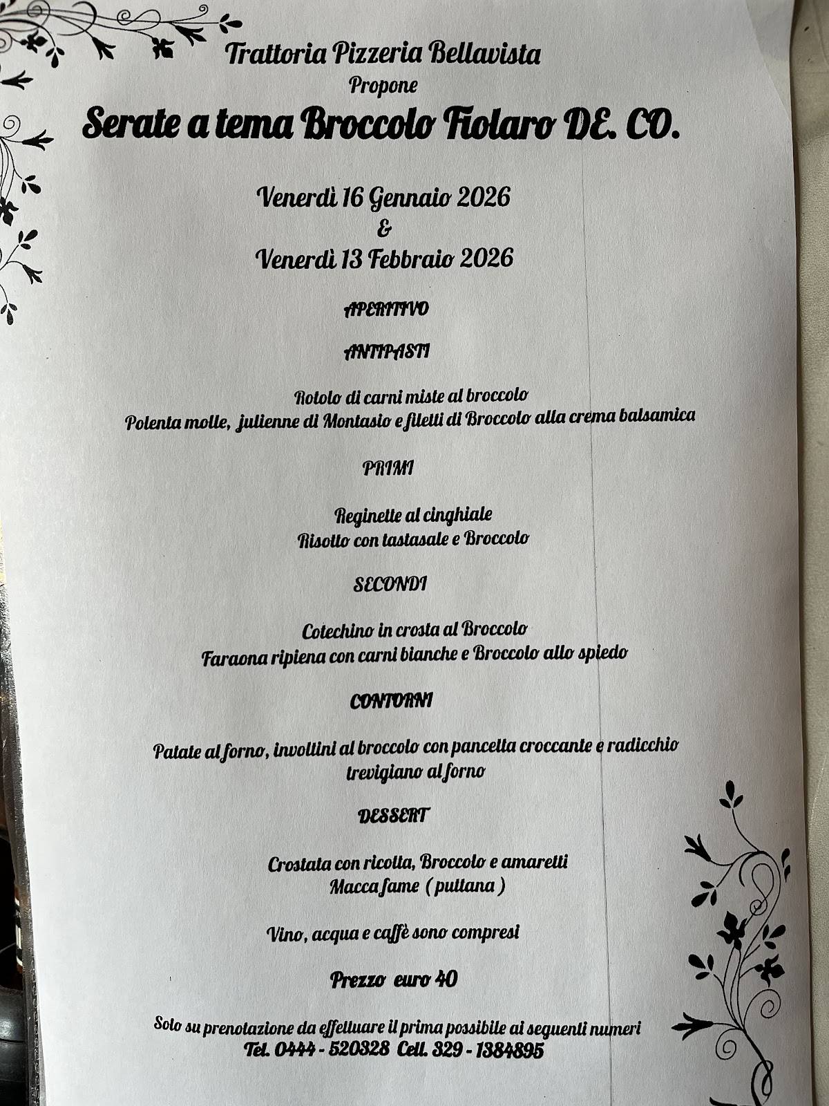 Menu di Bellavista Trattoria Pizzeria Ristorante 