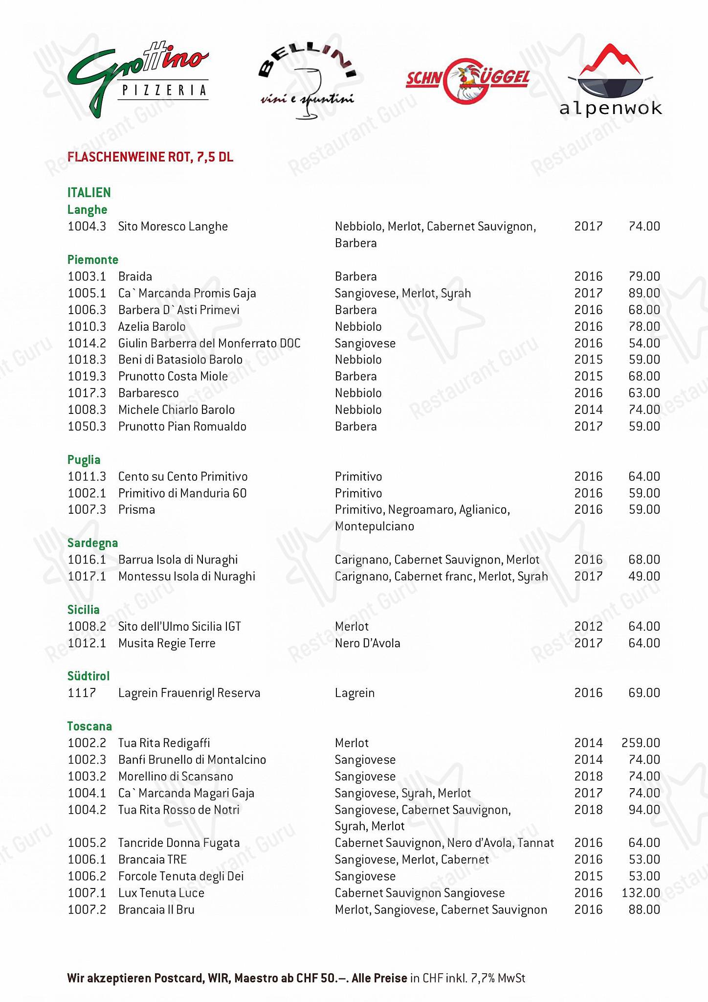 Bellini Vini e Spuntini in Arosa - 菜单