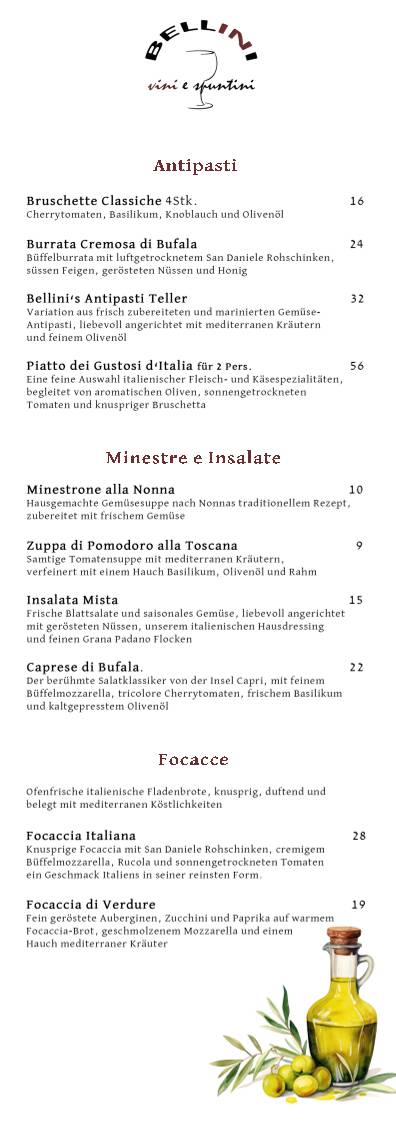 Menu di Bellini Vini e Spuntini 