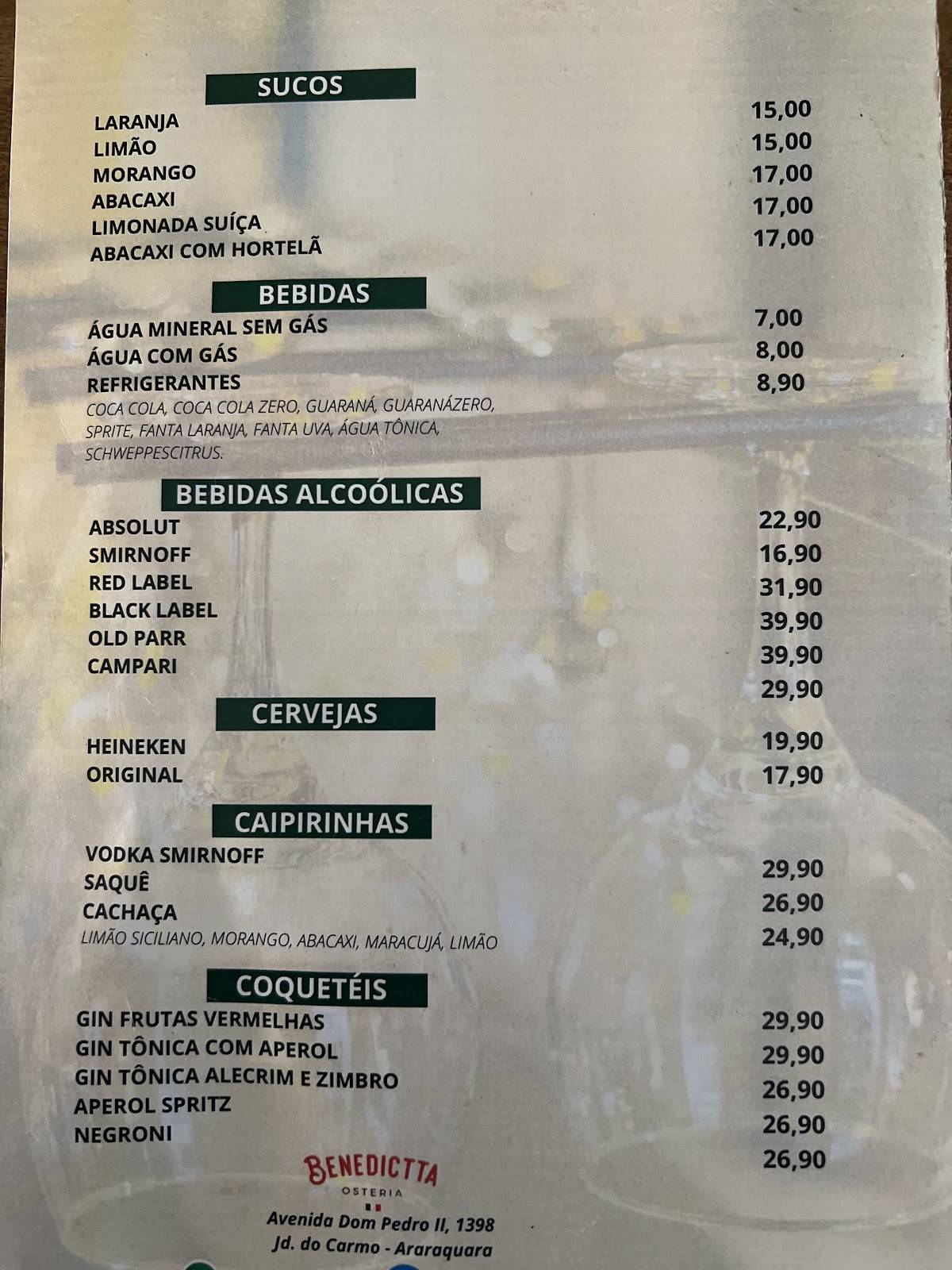 Benedictta osteria cardápio