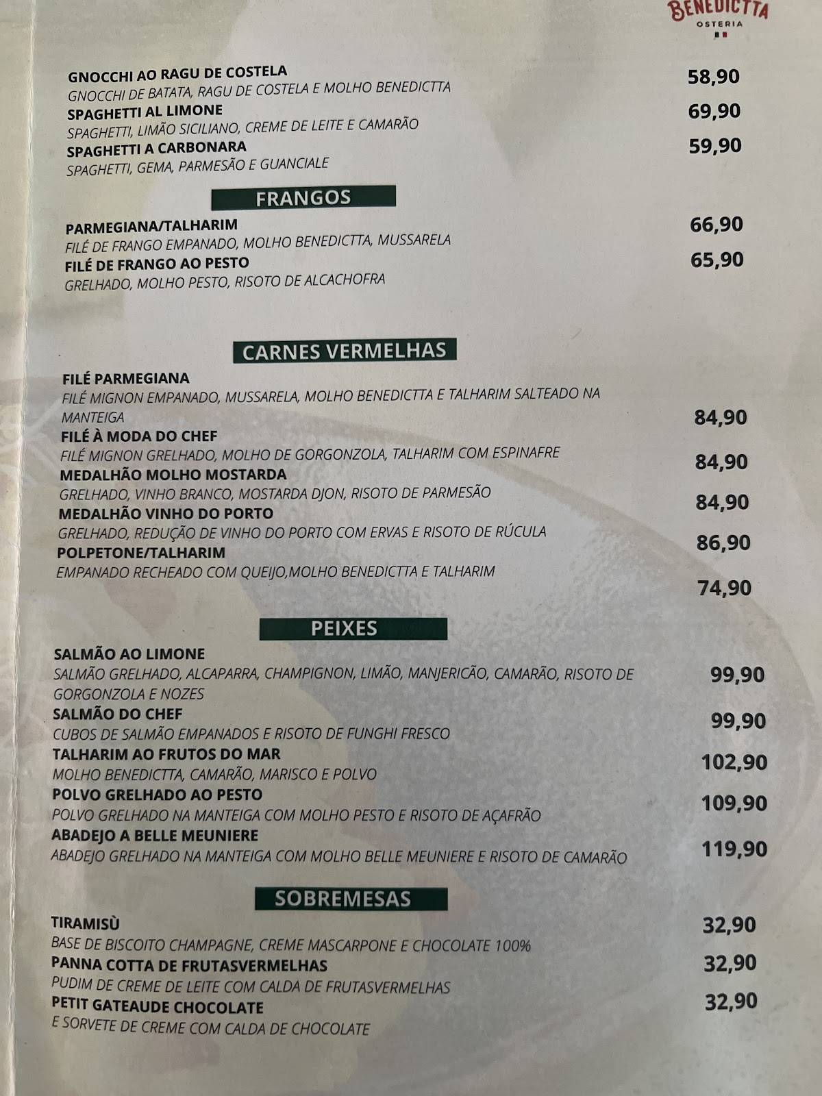 Benedictta osteria cardápio