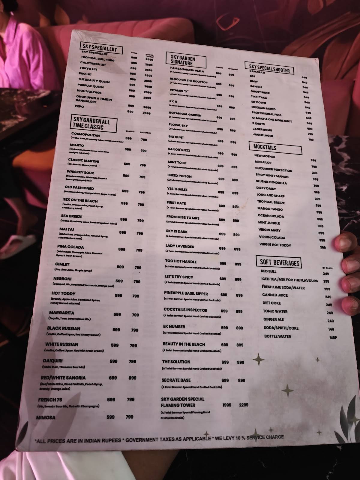 Skygarden Bar & Kitchen koramangala menu