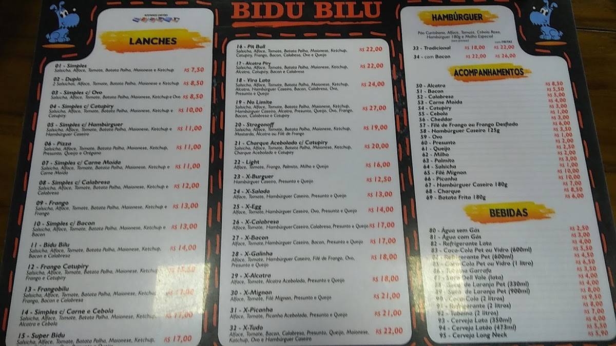 Bidu Bilu Lanches e Hamburgueria cardápio
