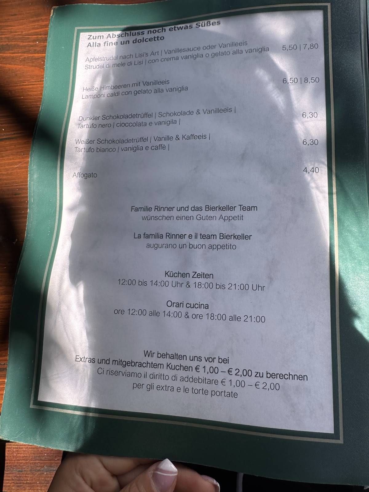 Menu di Bierkeller Latsch 