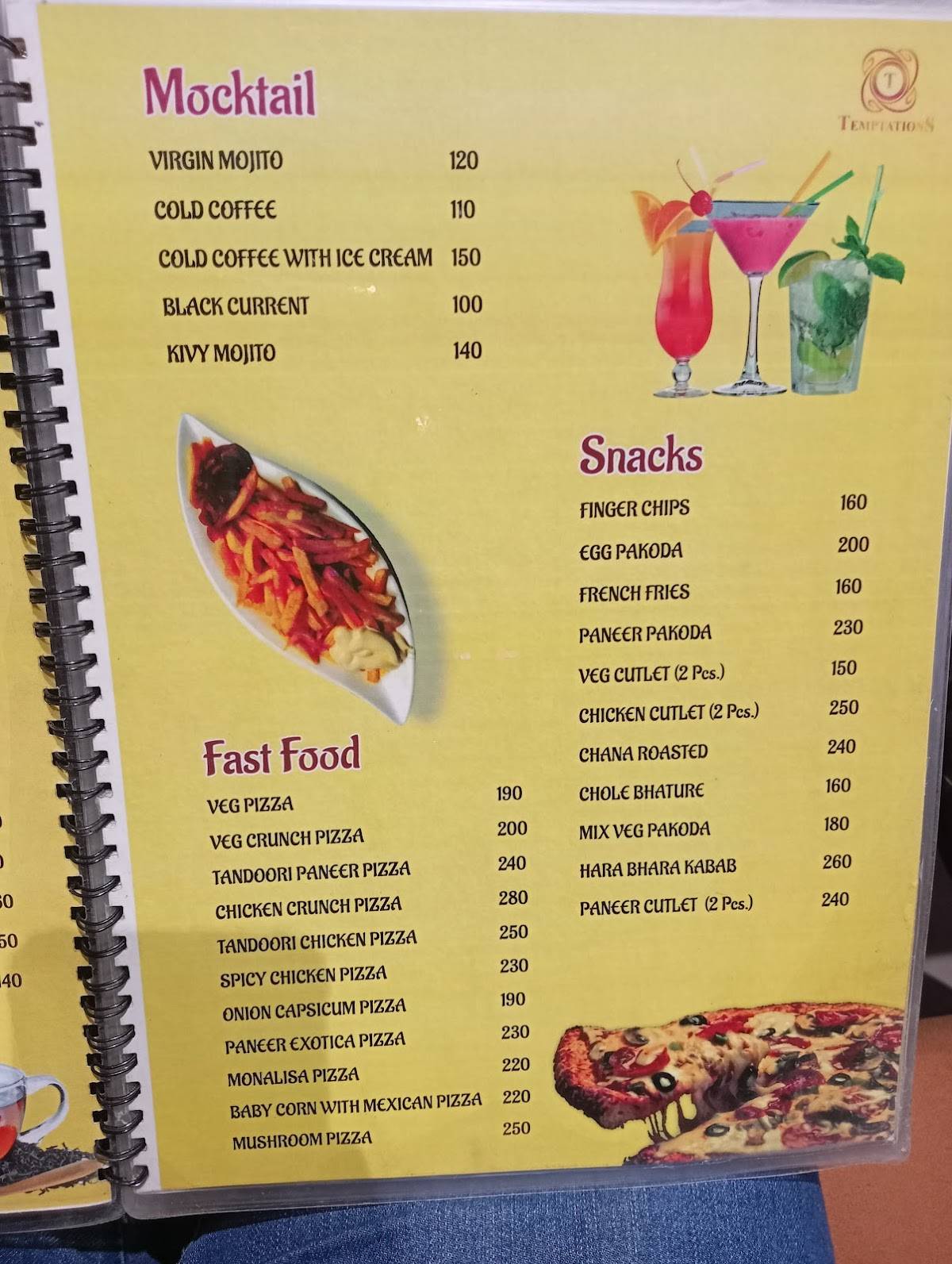 Temptation Restaurant menu