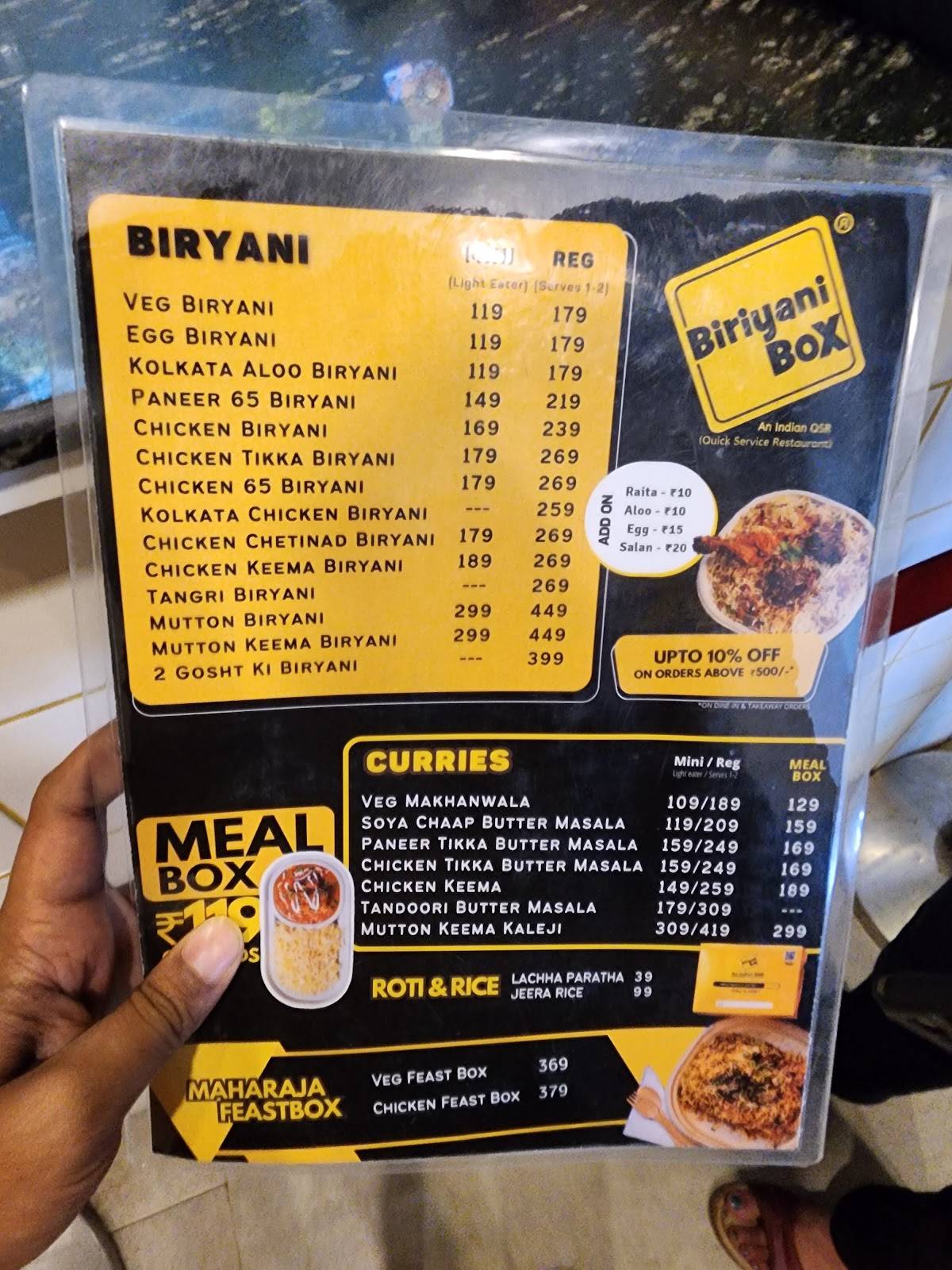 Biriyani Box menu