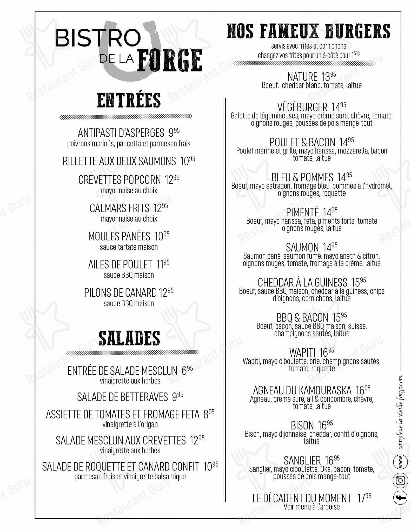 Menu pour Bistro de la Forge dans Rimouski