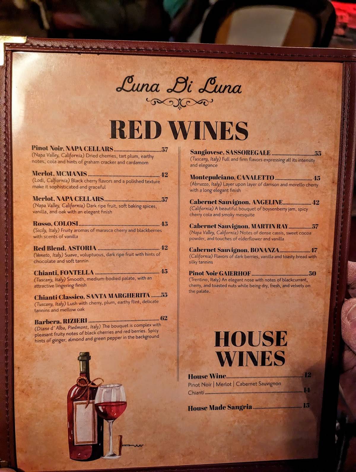 Menu at Luna Di Luna restaurant, Bloomington