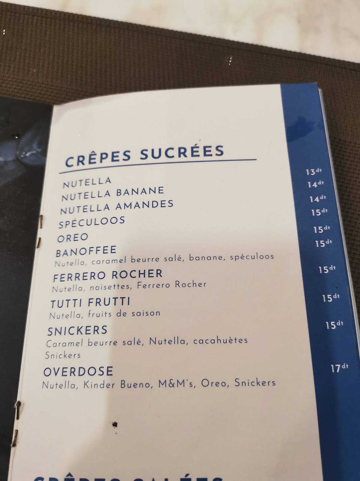 Menu au Blu Blu Sidi Bou restaurant, Site archéologique de Carthage