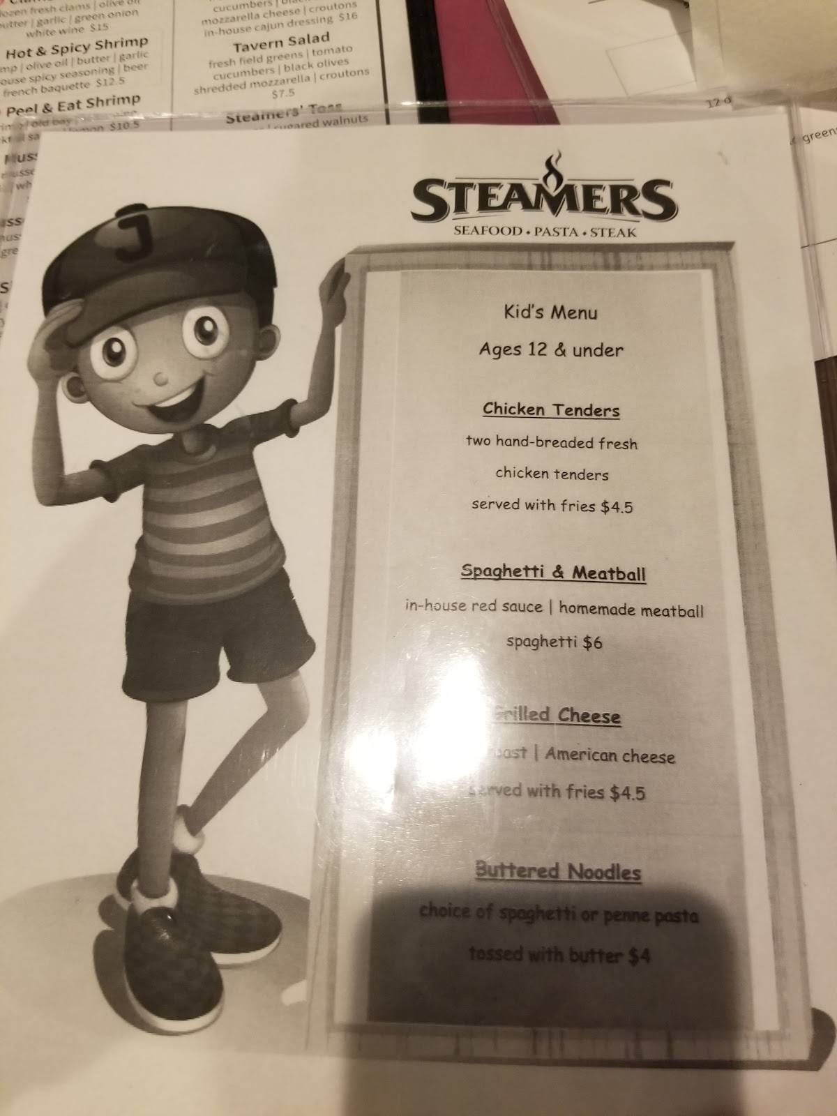 Menu at Steamers Stonewall Tavern steakhouse, North Lima