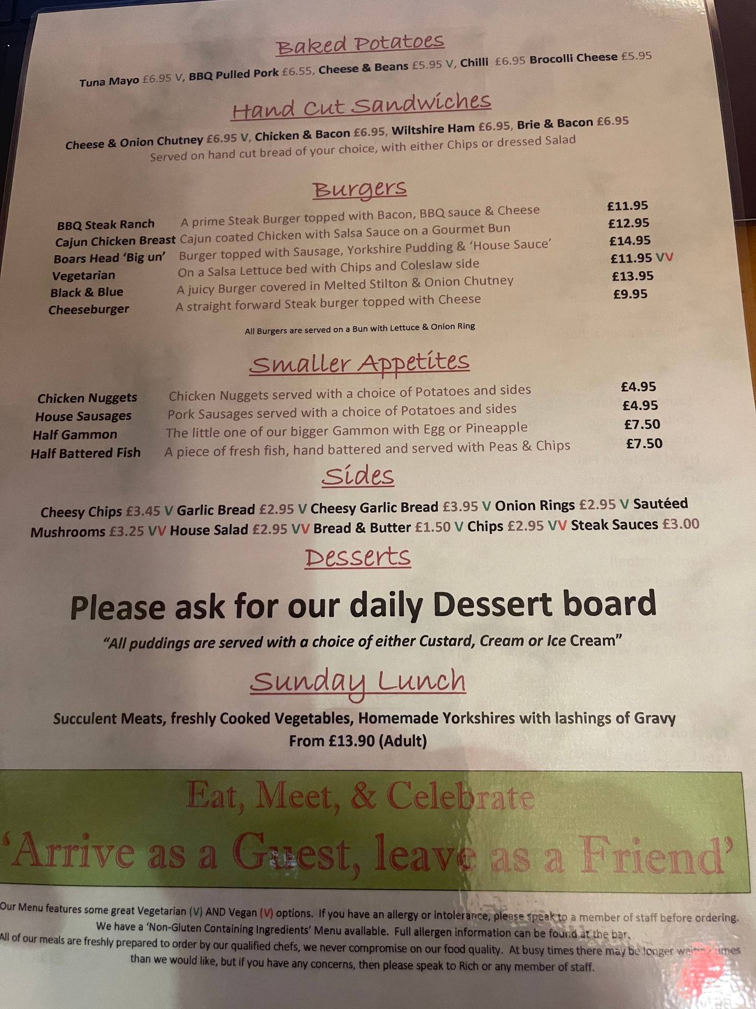 Menu at Boars Head Village Pub, Aust, Bristol