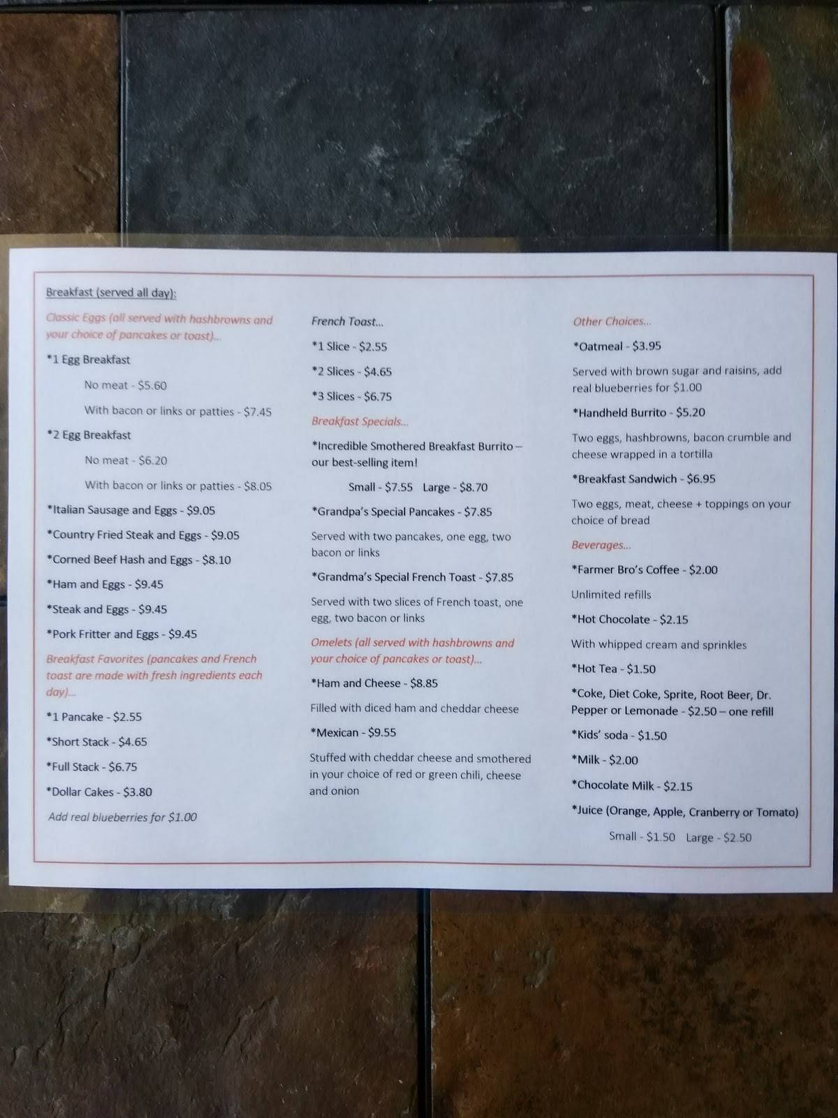 Menu at Bob & Earl's Cafe, Trinidad