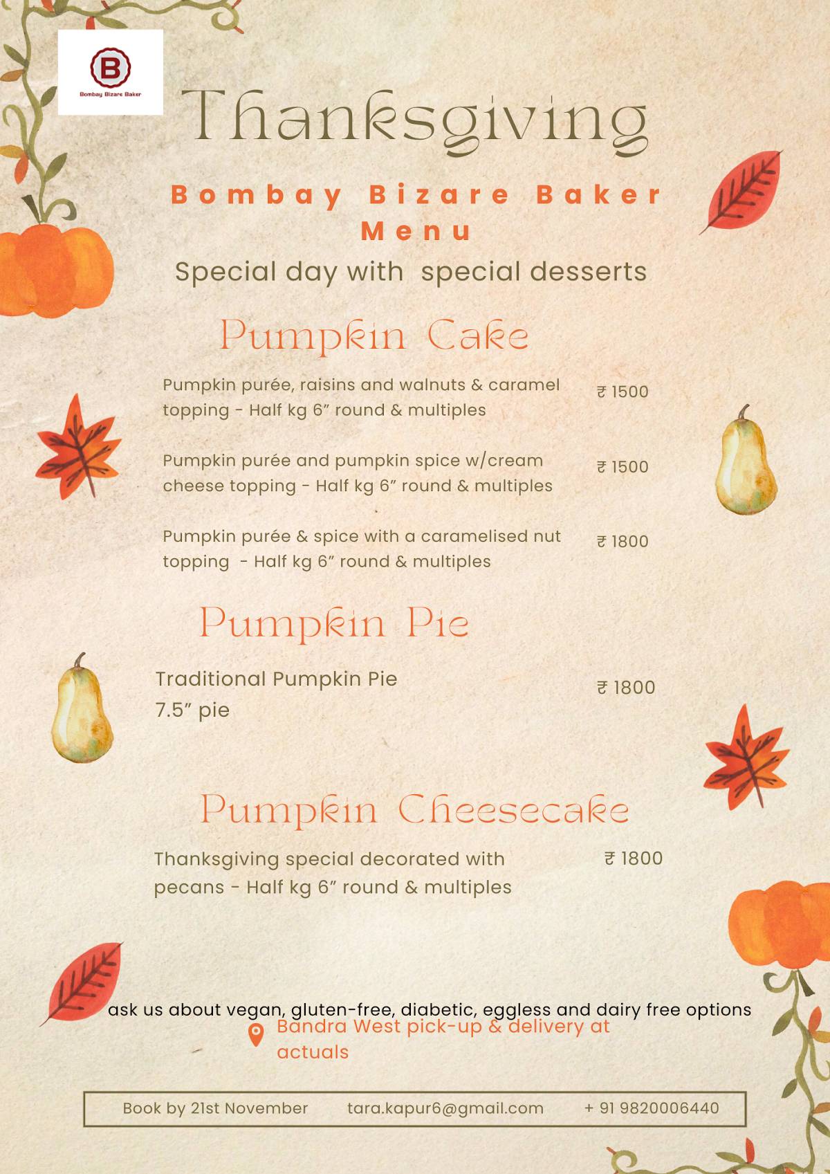 Bombay Bizare Baker menu