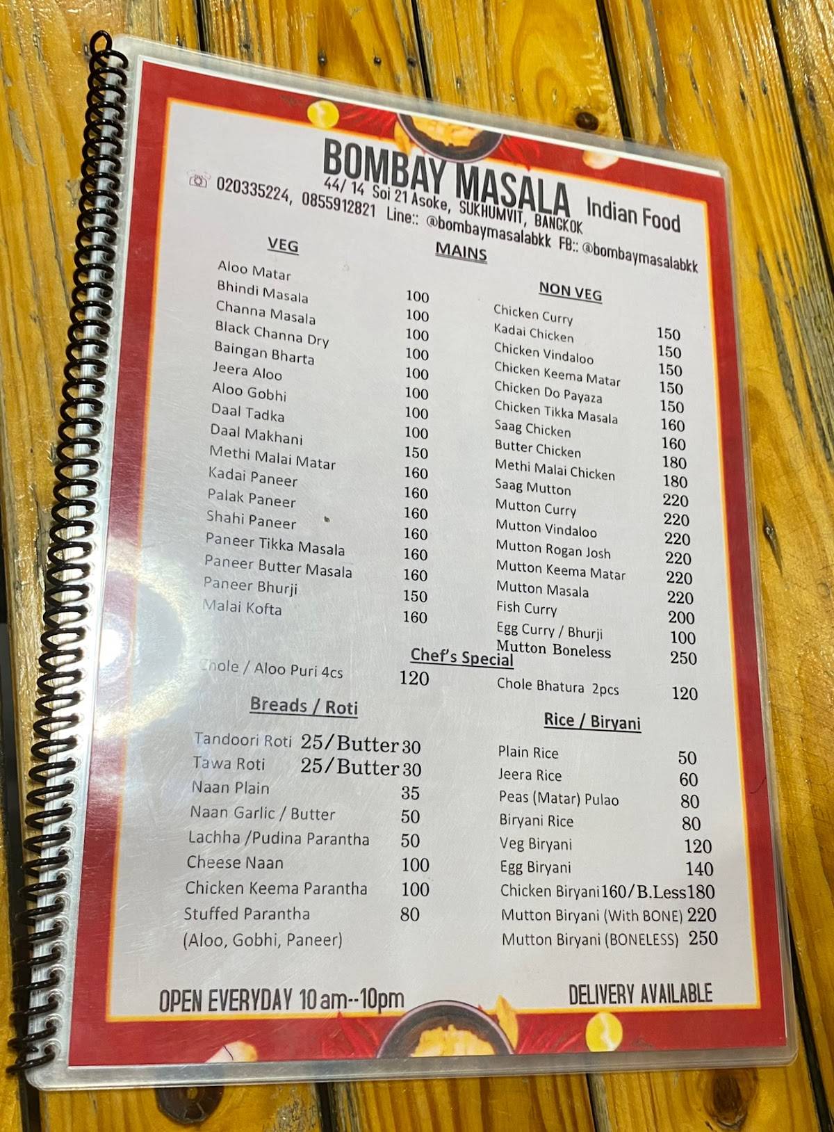 Menu at Bombay Masala Indian Restaurant, Bangkok