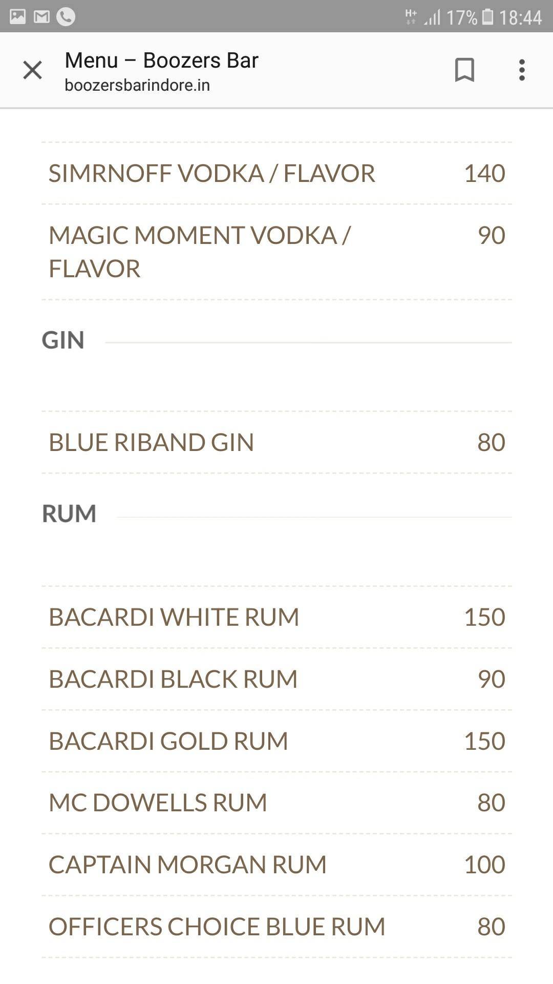 Boozer's Bar menu