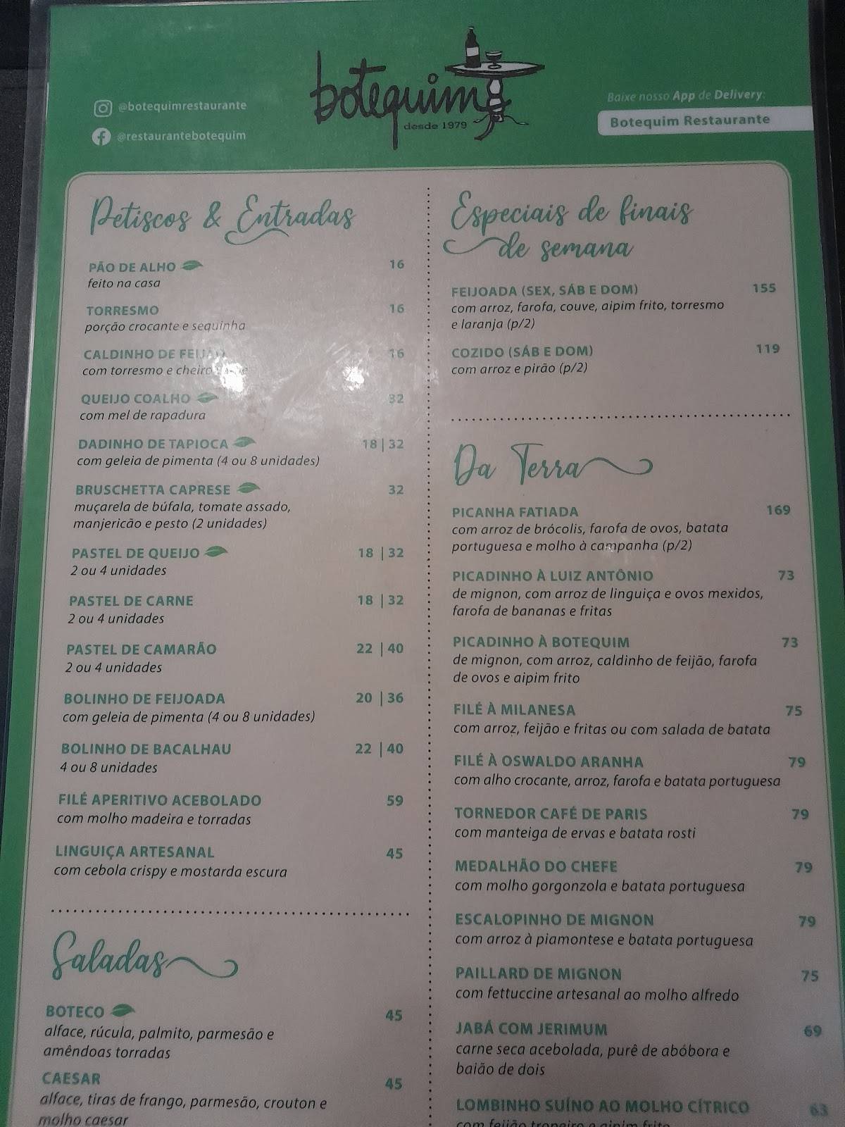 Botequim cardápio
