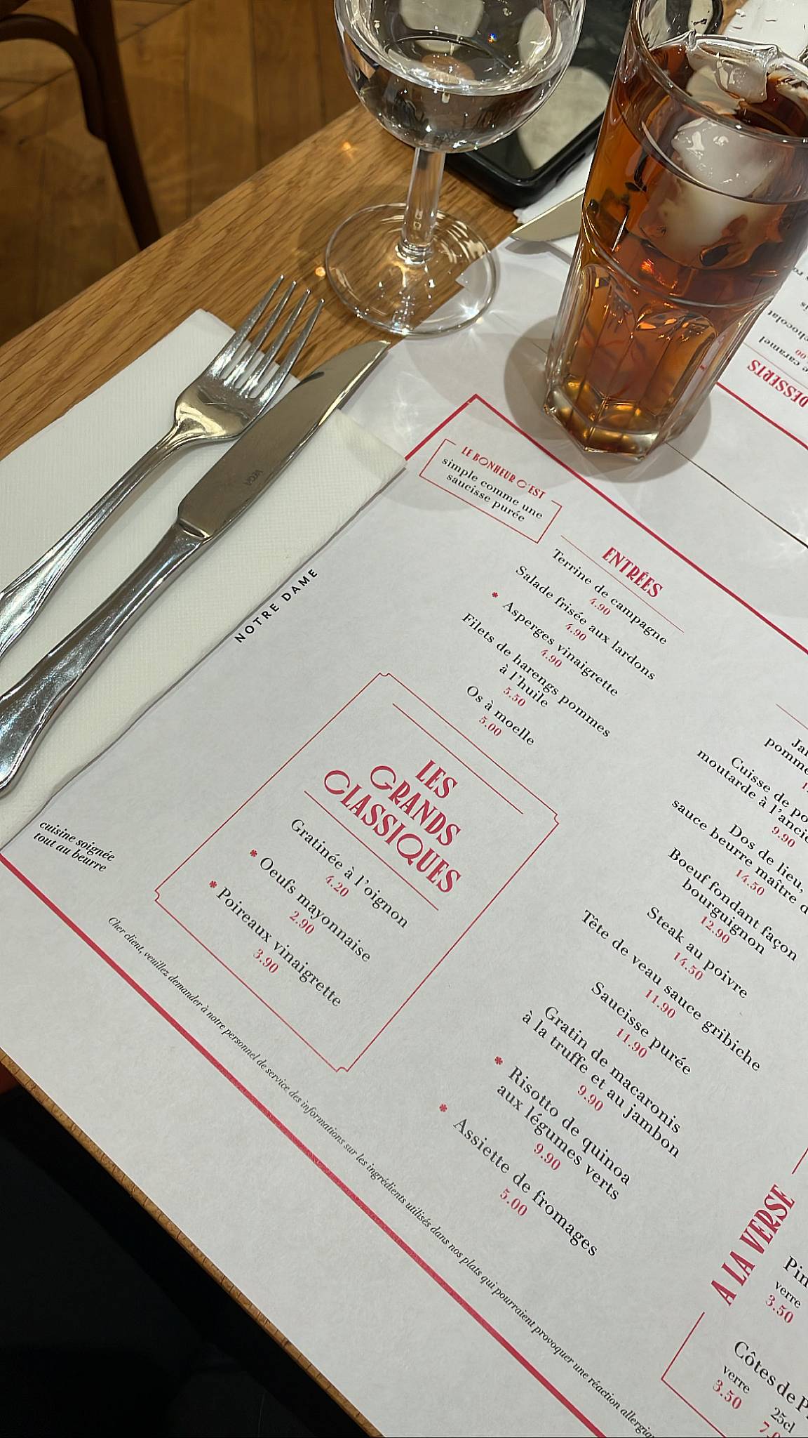 Menu au Bouillon Notre Dame restaurant, Dijon