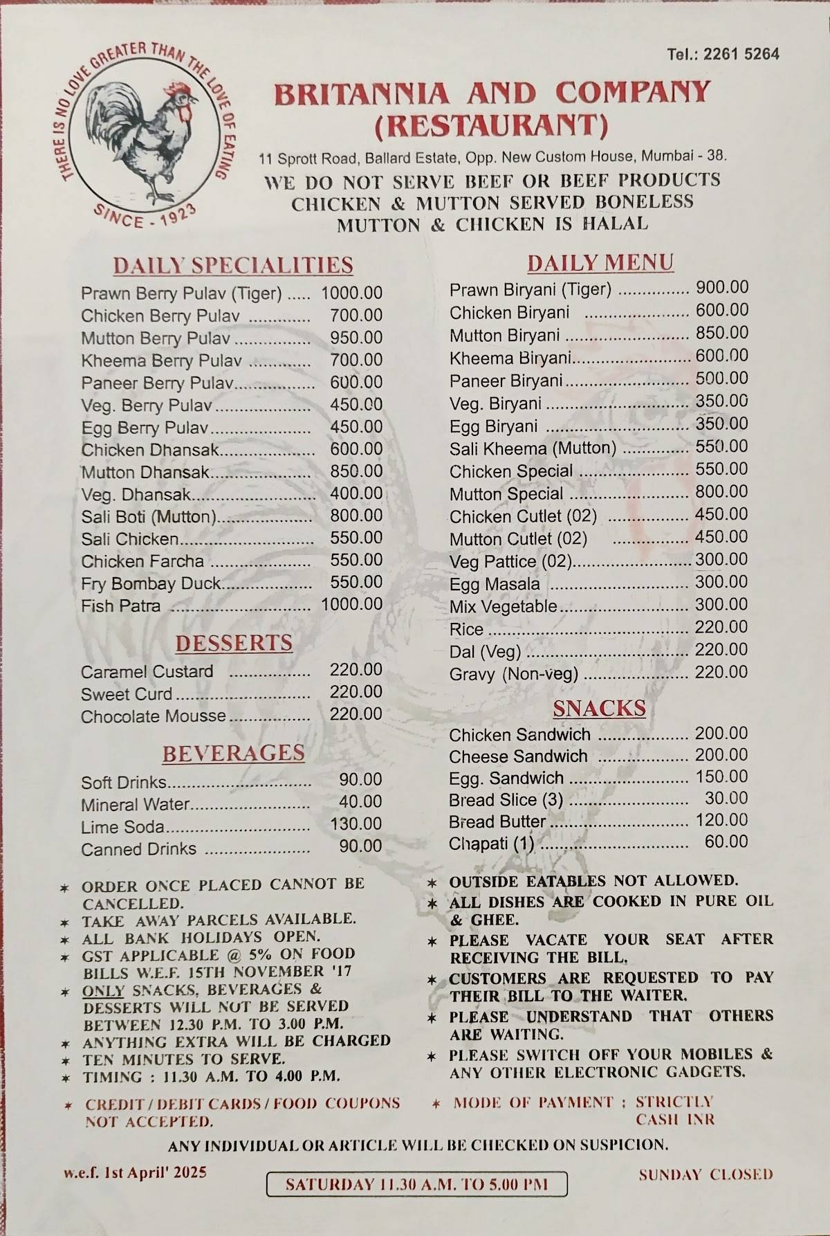 Britannia & Company menu