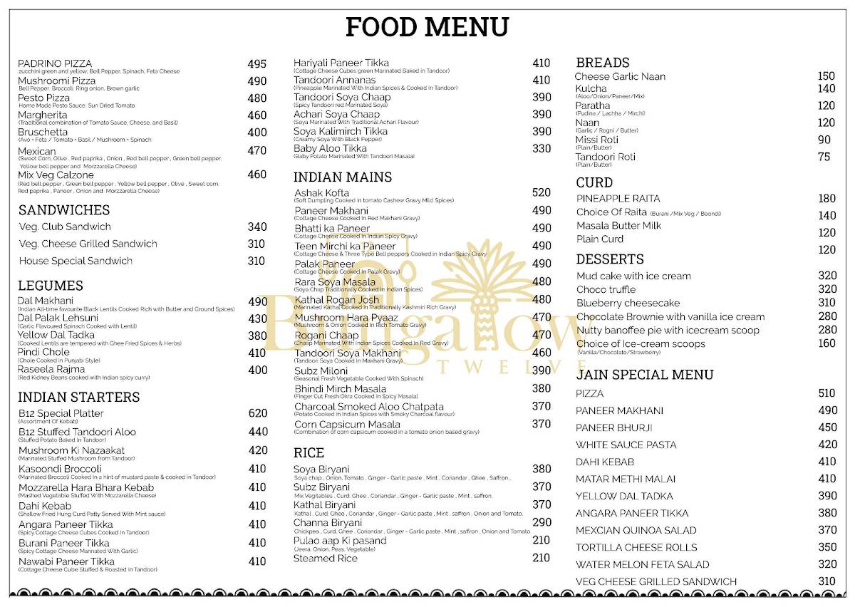 Bungalow 12 menu