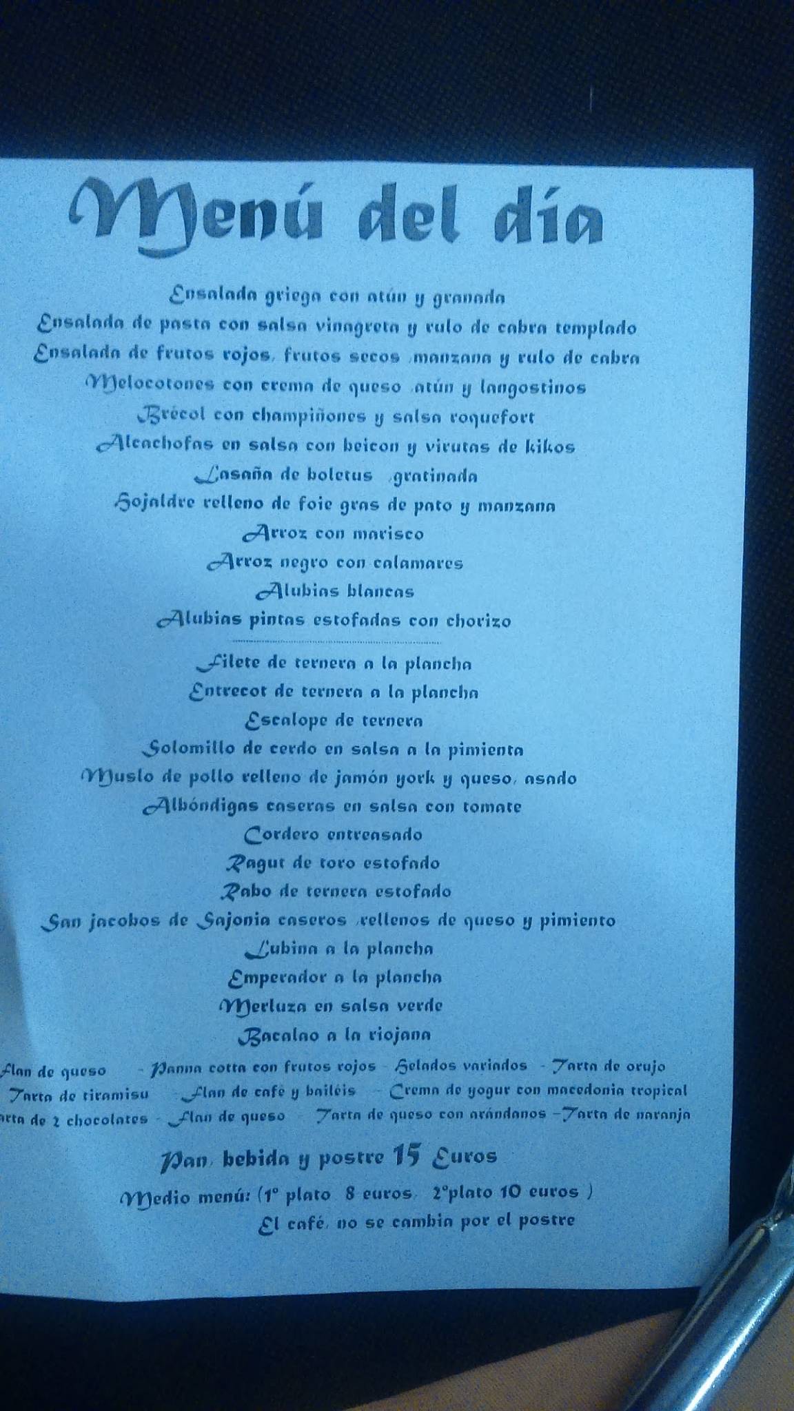 Menu at Mesón La Piedra restaurant, Burgos