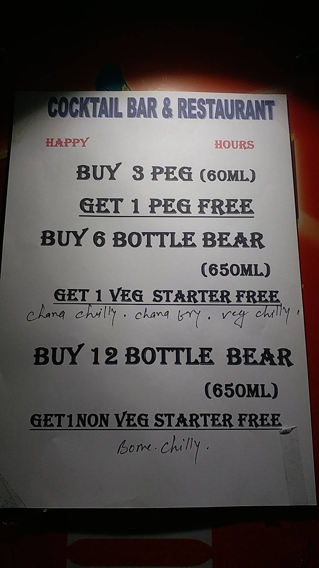 COCKTAIL BAR & RESTURANT menu