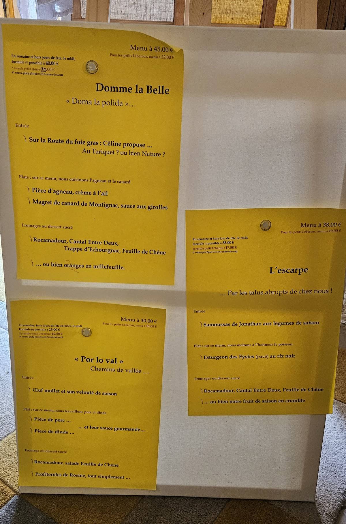 Menu de Cabanoix Châtaigne & Cie