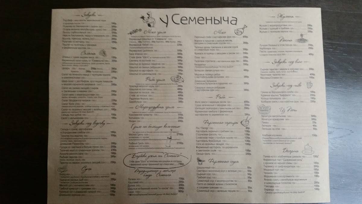 Меню кафе У Семёныча, Россия