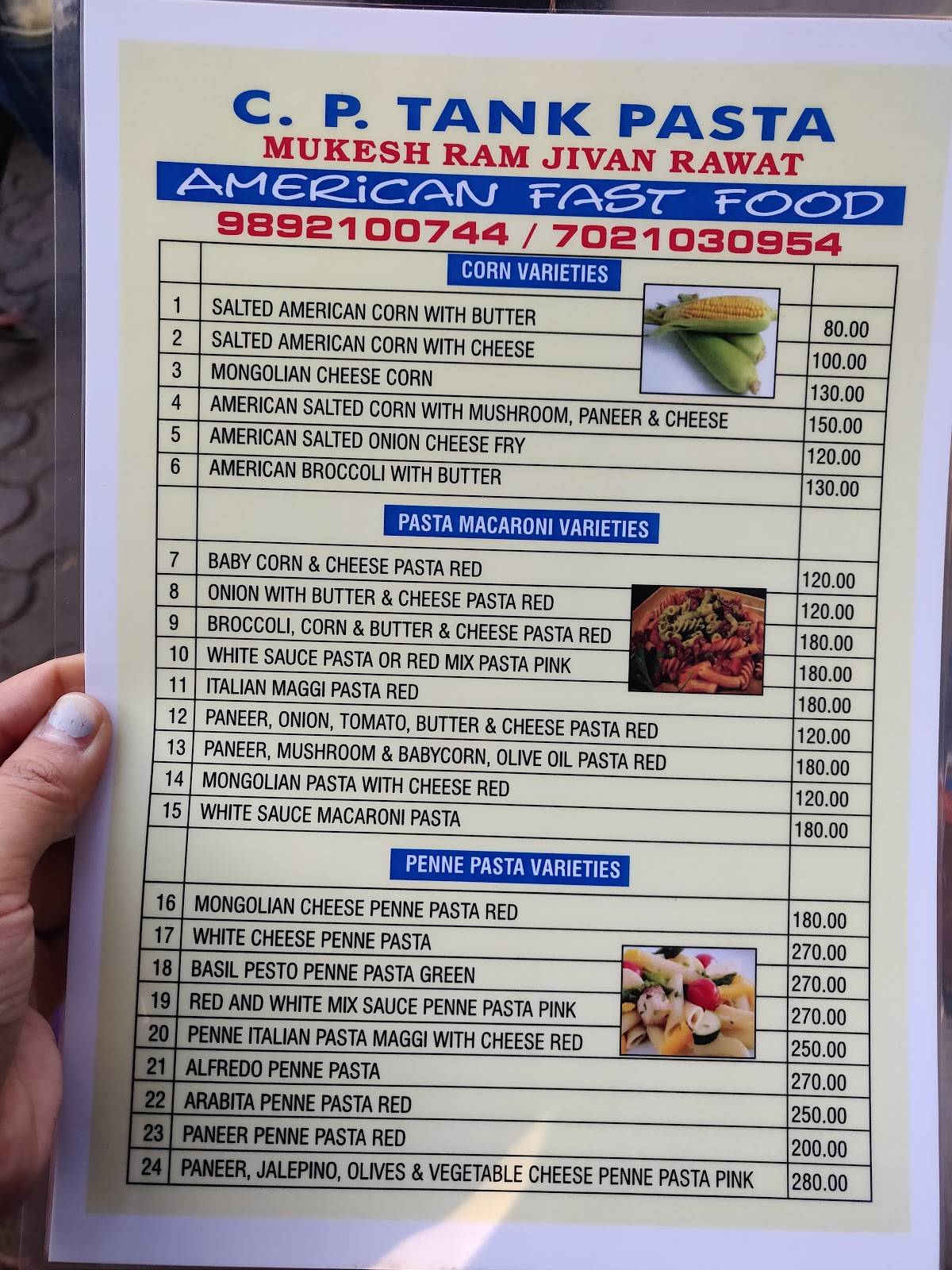 CP Tank Pasta menu
