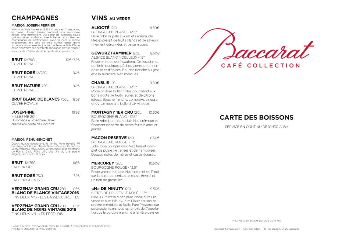 Menu de Café Collection Baccarat