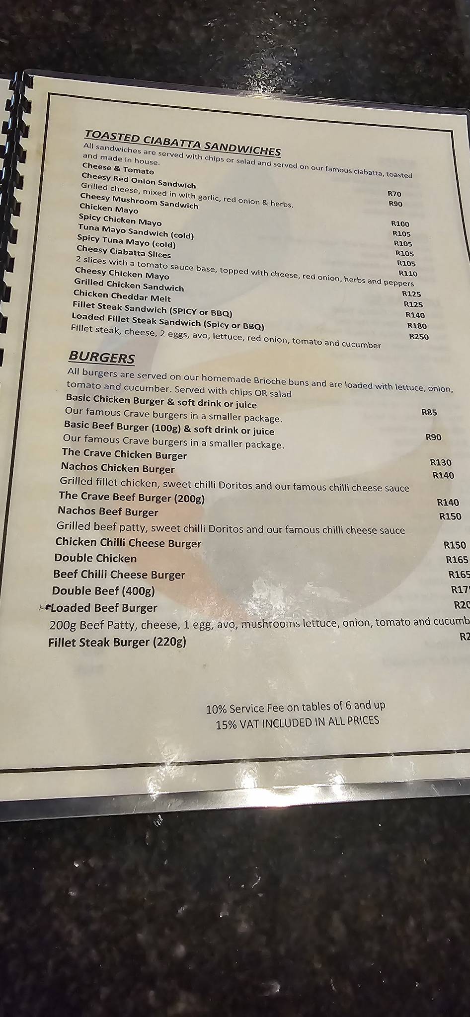 Menu at Café Crave restaurant, Cape Town
