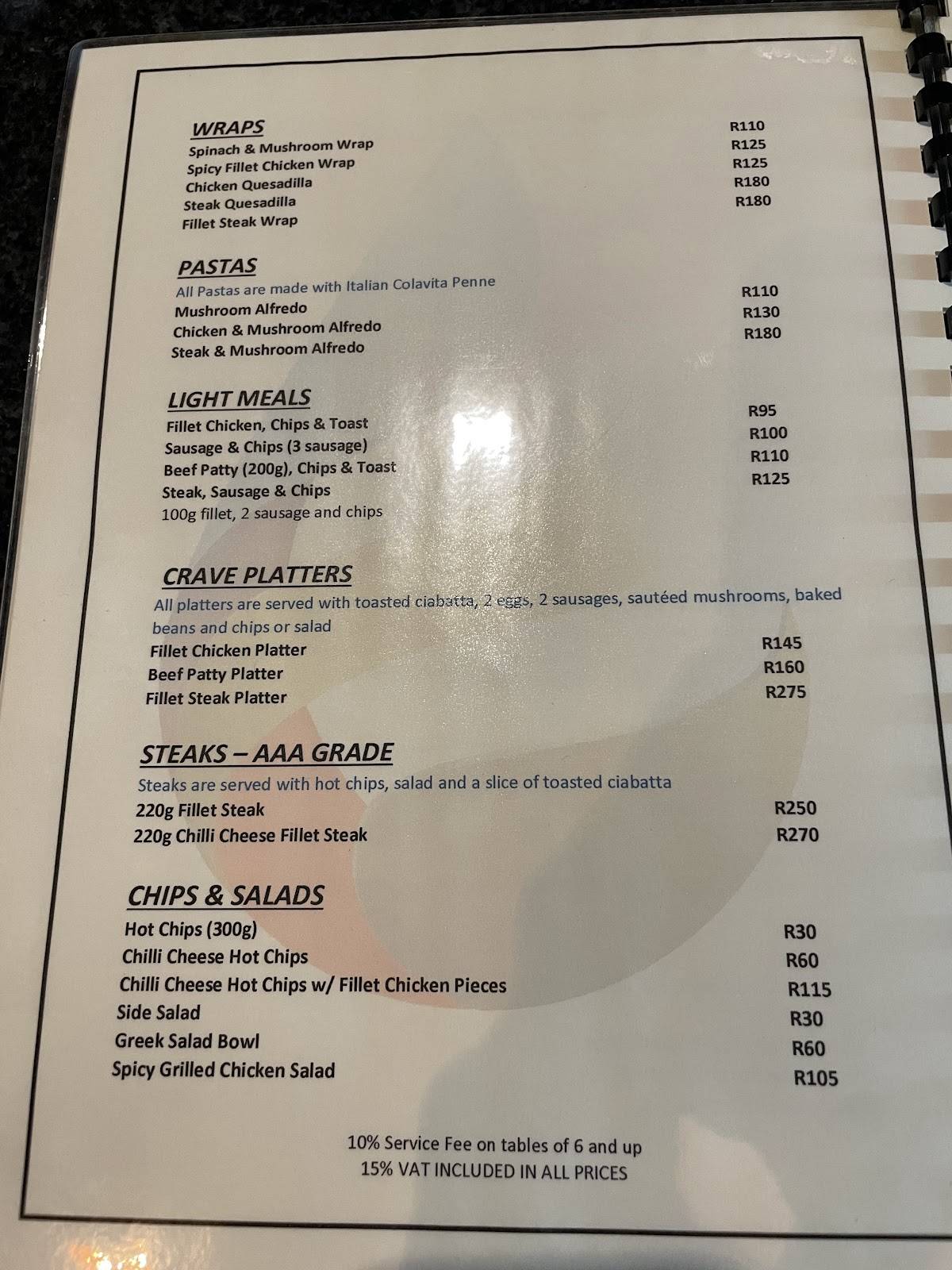 Menu at Café Crave restaurant, Cape Town