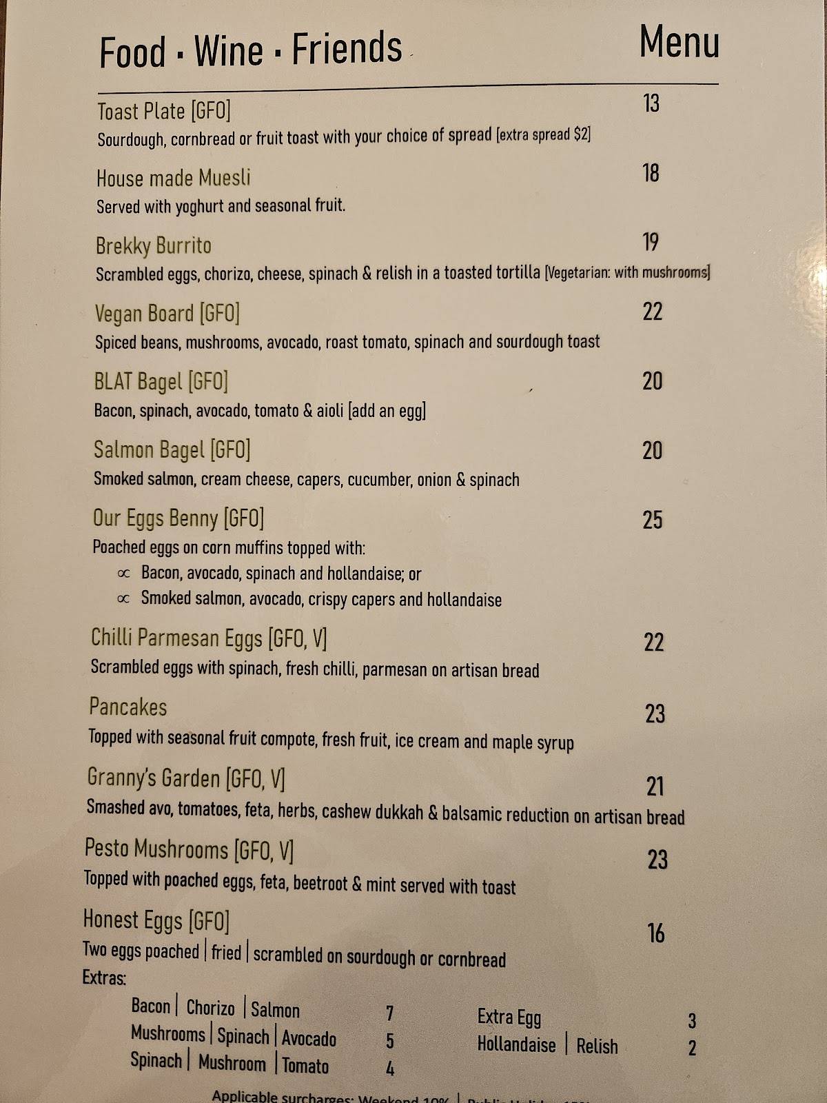 Menu at Food Wine Friends cafe, Bright