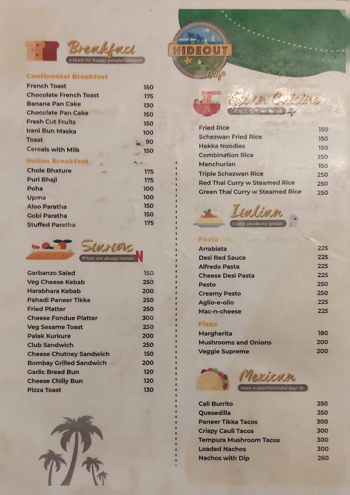 Hideout Cafe menu