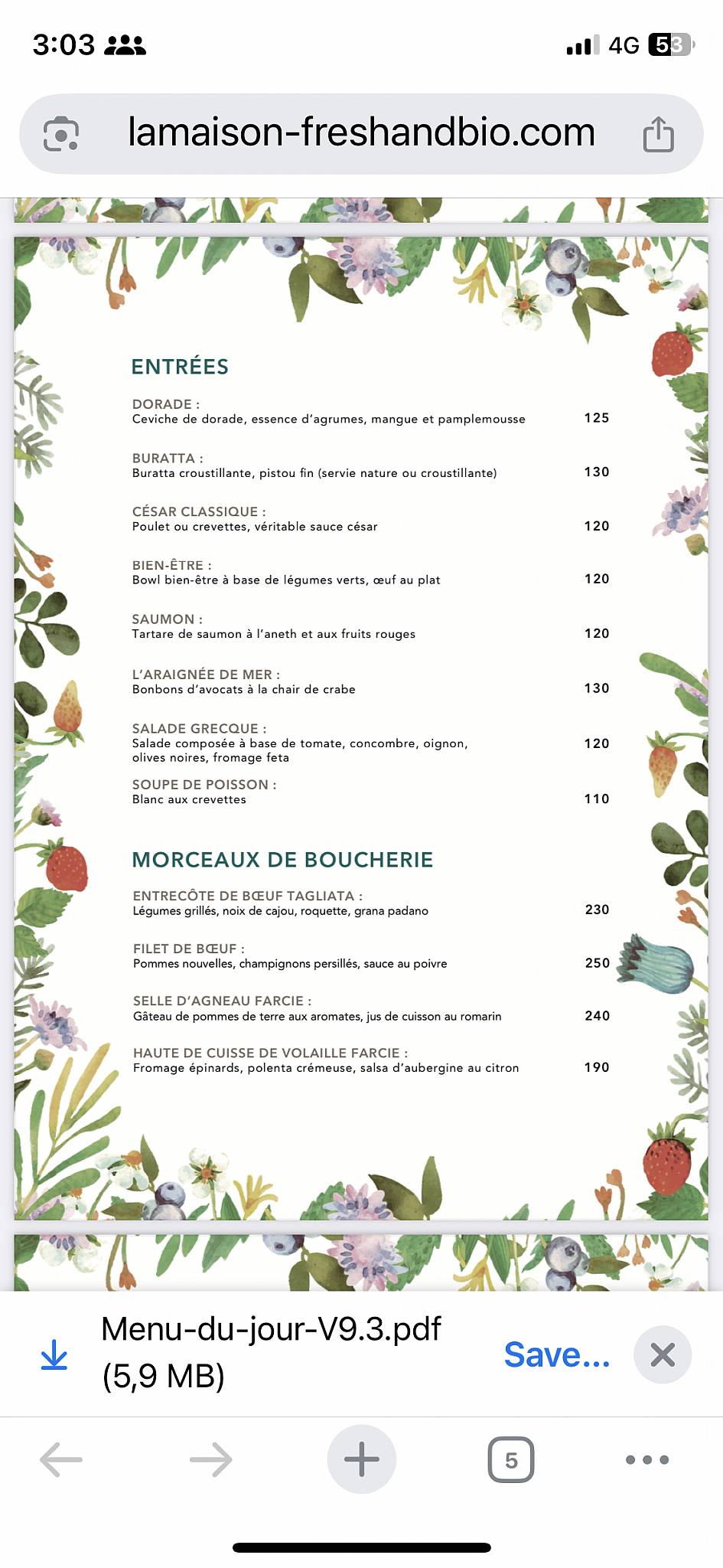 Menu de La Maison Fresh & Bio