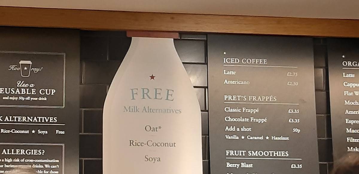 Menu at Pret A Manger cafe London 231 Camden High St