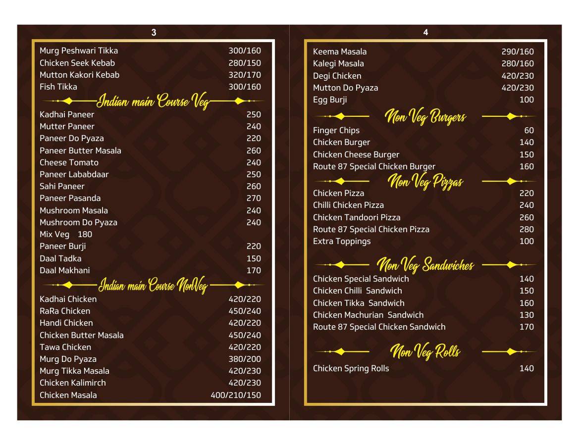 Route 87 Restaurant menu
