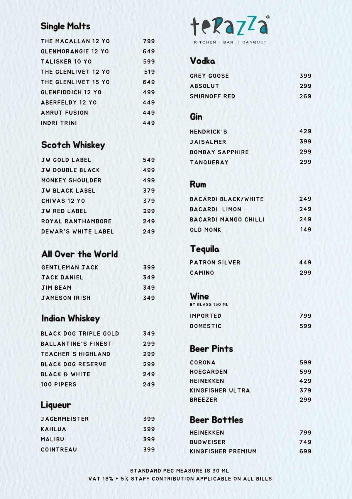 Terazza Bar and Kitchen menu