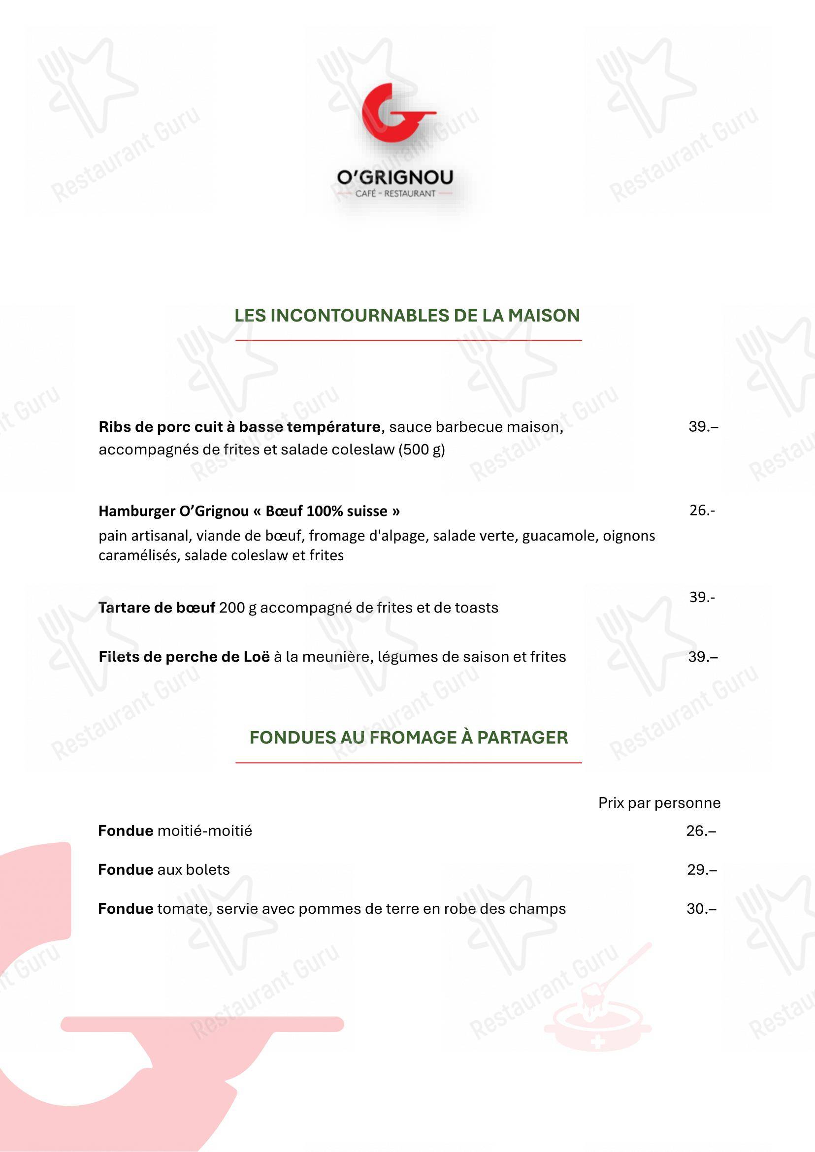 Menu pour Café-restaurant O'Grignou dans Sierre