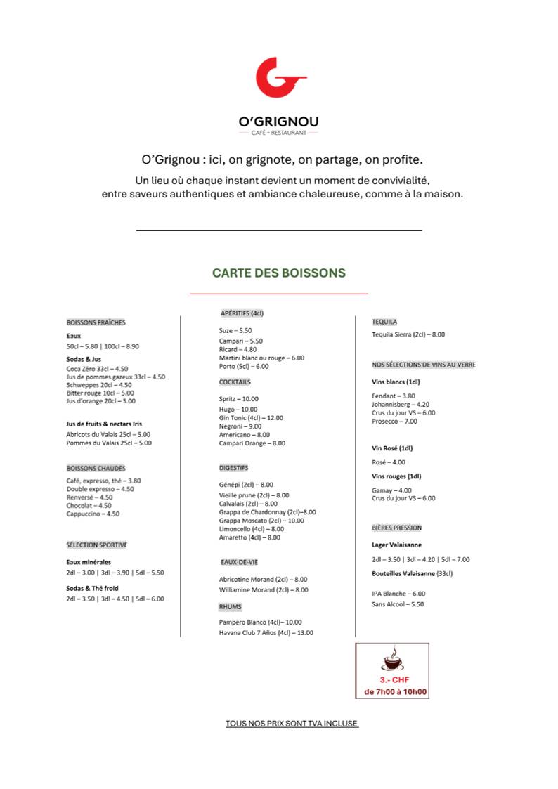 Menu de Café-restaurant O'Grignou