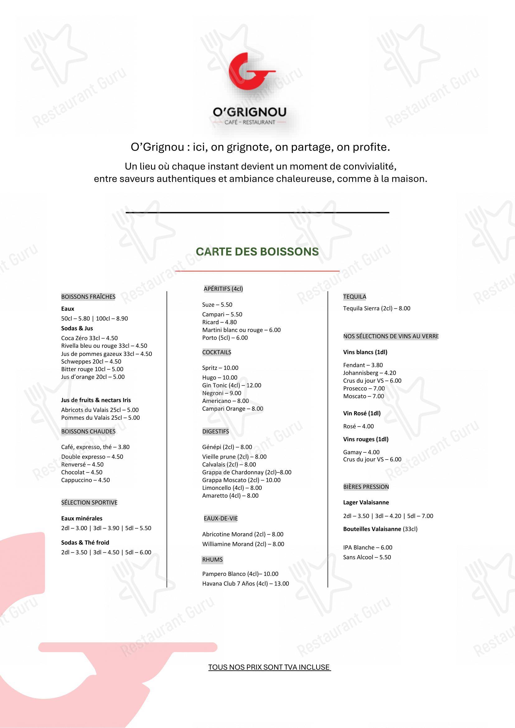 Menu pour Café-restaurant O'Grignou - Menu